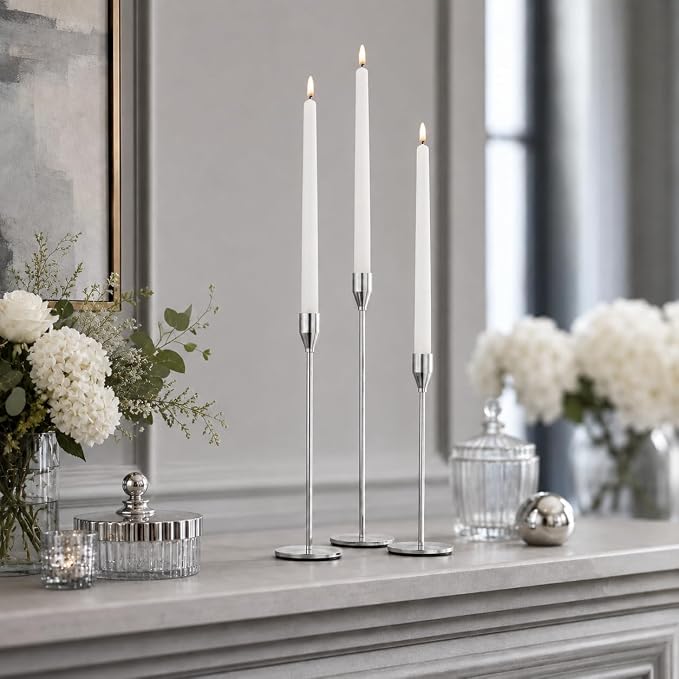 NLBTW Silver Candlestick Holders, Set of 3 Tall Metal Taper Candle Holder