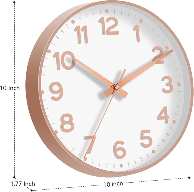 Roymnie 10 Inch Wall Clock Battery Operated Silent Non Ticking Analog | White Rose Gold modern analog; large 3D easy-read dial for kitchen, office, bathroom & bedroom; 1 AA battery (not included)
