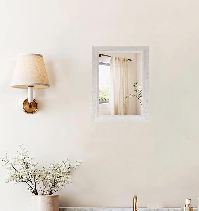 Small Rustic White Bathroom Mirror, Wooden Frame,11.8x15.8inch | Rectangle Wall Mirror, Hanging Horizontally or Vertically, Suitable for Living Room Bathroom Bedroom Entryway