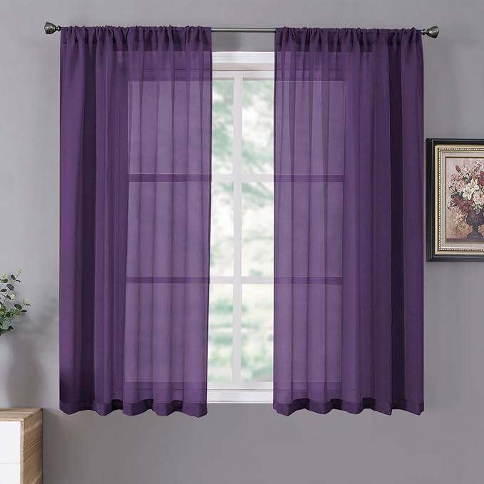 Tollpiz Short Sheer Curtain Living Room Linen Textured Curtains Sheer Light Filtering Voile Rod Pocket Curtain for Bedroom, 38 x 54 inches Long, Royal Purple, Set of 2 Panels