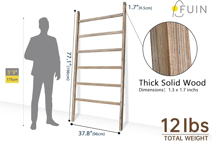 FUIN Blanket Ladder, 38in Extra Wide Wooden Rustic Decor Rack, Burnt Brown | 6.4 ft high solid wood, farmhouse quilt display ladders, organize blankets, leaning wall, bathroom and living room use