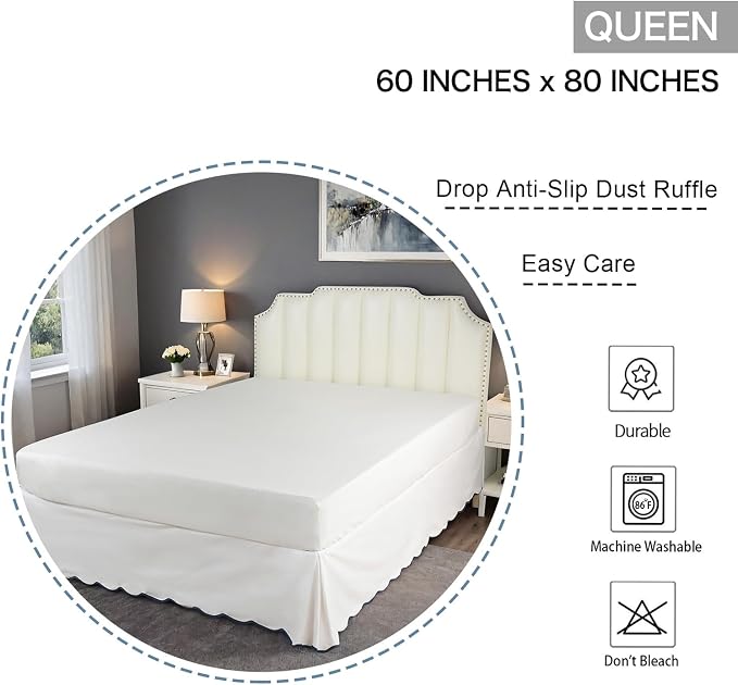 HIG Chic 12'' Queen BedSkirts Scallop Edge Pleated Dust Ruffle | Easy Fit, Anti-Slip, Thick Fabric for Enhanced Privacy, Pre-Washed for Long-Lasting Use, Off White/Navy
