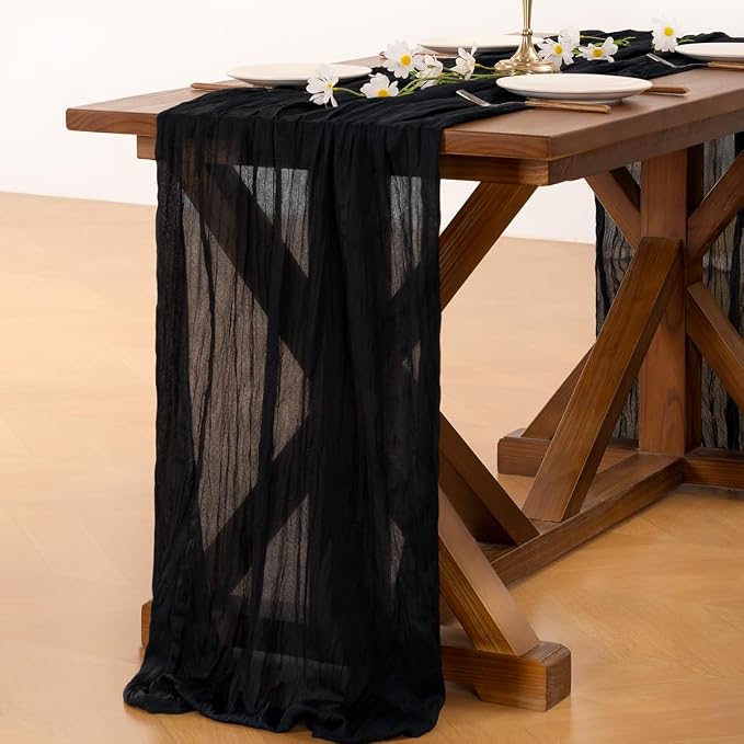 Black Table Runner Halloween Fall Cheesecloth Wedding Birthday Party Decor | Black 10pcs Rustic Gauze 10FT Cheese Cloth Sheer Farmhouse Dining Runner for Baby Shower Bridal Holiday Decorations