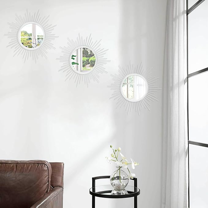 Mirror Wall Decor White Mirrors for Wall Metal Sunburst Mirrors Home Decoration Wall Art Decorative Mirror Suitable for Living Room Bedroom Bathroom Entrance Set of 3 12''