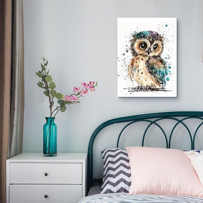 C8BUSIS Cute Owl Canvas Wall Art Watercolor Abstract Animal Prints Splash-ink Bird Pictures Modern Framed Artwork for Bedroom Living Room Kitchen Bathroom Office Farmhouse Wall Decor, 12"x16"