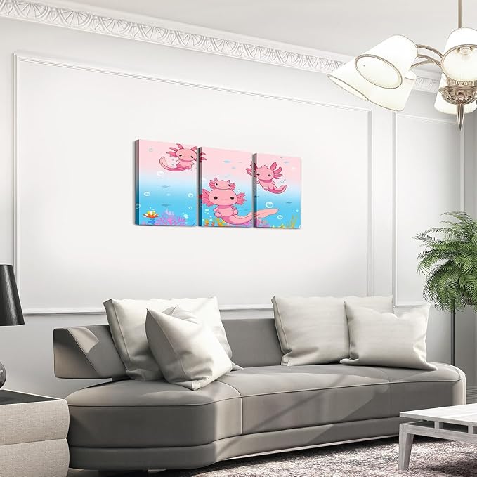 Feelyou Boys Girls Cute Axolotl Picture Wall Decor Ocean Sealife Canvas Wall Art for Living Room Bedroom Kids Cartoon Salamander Wall Painting Posters and Prints Kawaii Teens Wall Art 12"x16"x 3Pcs