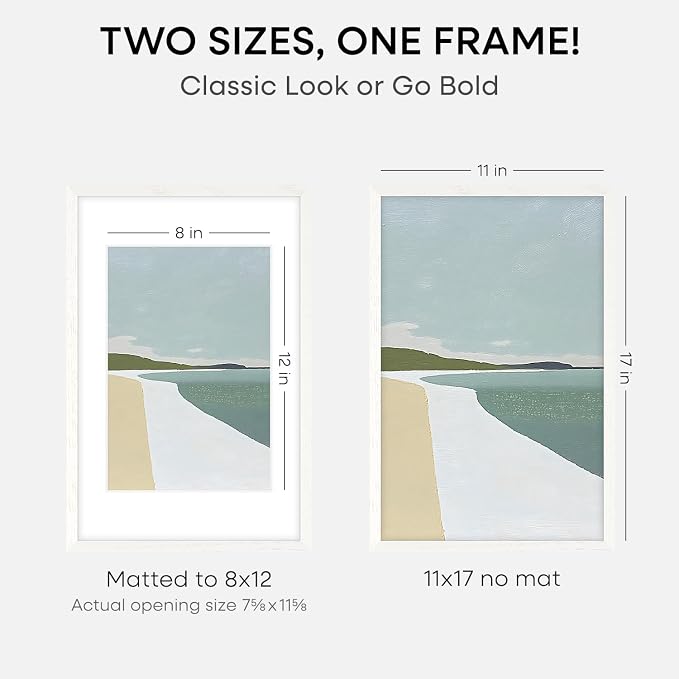 Homeforia 11x17 White Oak Picture Frame, High-End Wood, 8x12 Mat, Glass