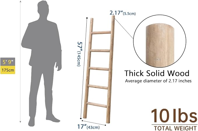 SwallowLiving Blanket Ladder, 57in Rustic Solid Wood Decor Rack | Farmhouse living room accent, Towel and quilt display, Visible wood grain, Easy assembly