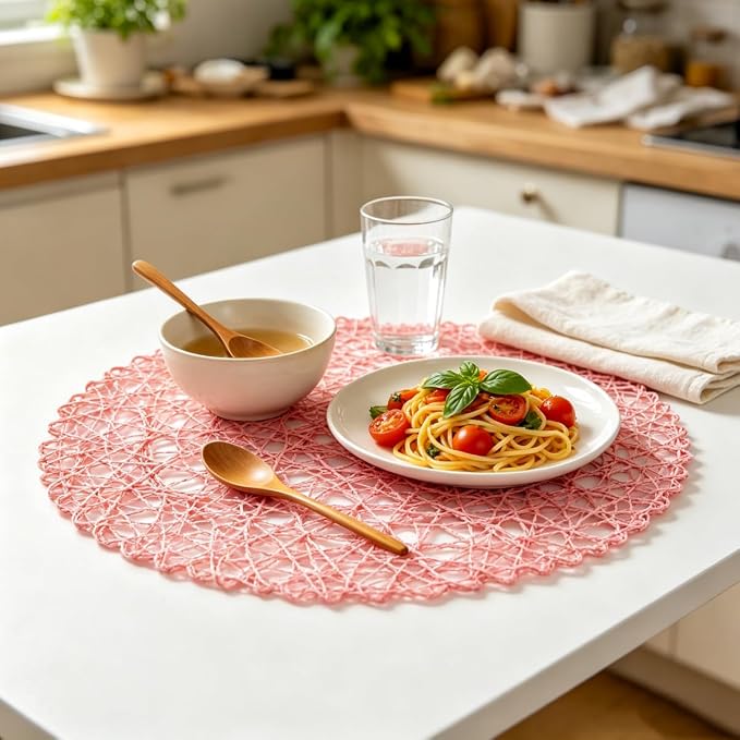 IcosaMro Pink Round Placemats Set of 12 for Dining Table, 13 Inches Paper Woven Boho Small Decorative Circle Place Mat for Wedding Christmas Thanksgiving Day Holiday Dinner, Pink
