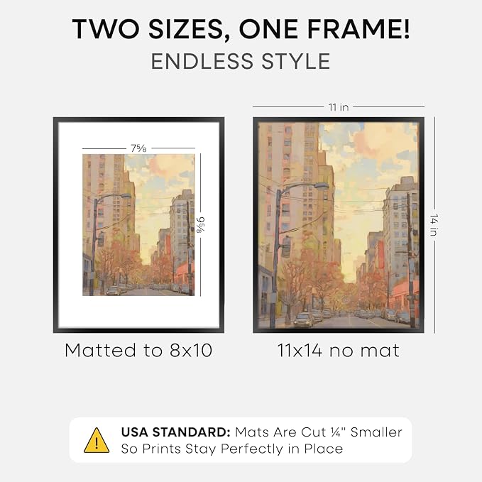 Homeforia 11x14 Black Picture Frame, High-End Metal, 8x10 Mat, Glass