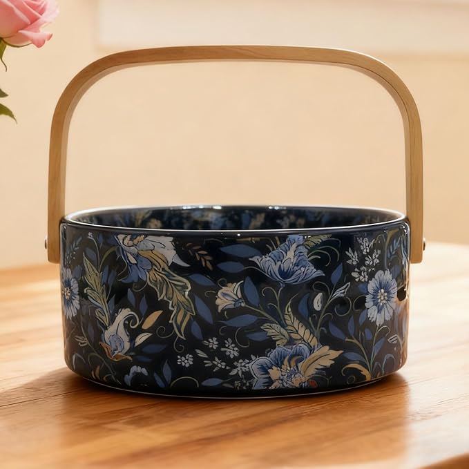 Ceramic Key Bowl with Wooden Handle Decorative Bowl Flower Basket Kitchen & Dining Table Office Room Decor(Black)