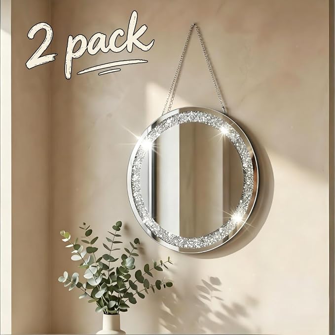 QMDECOR Crystal Crush Diamond Silver Mirror 2 Pack Diameter 12inch Round Shape with Iron Chain Real Glass Mirror for Wall Decor