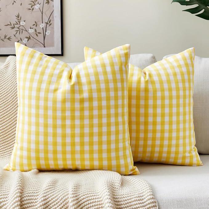 CARRIE HOME Yellow Gingham Checkered Throw Pillow Covers 18x18 Set of 2, Neutral Modern Farmhouse Yellow Outdoor Pillows 18 x 18 for Porch Patio Furniture (No Pillow Inserts)