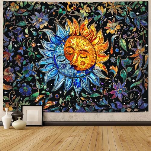 Accnicc Sun and Moon Tapestry Boho Hippie Floral Wall Tapestry for Bedroom Aesthetic Vintage Stained Glass Celestial Plant Extra Large Tapestries Wall Hanging for Living Room Dorm 90 x 68 Inch