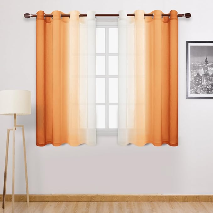 DWCN Ombre Short Sheer Curtains - Faux Linen Semi Voile Gradient Light-Filtering Bedroom and Living Room Curtains, Set of 2 Grommet Top Window Drape Panels, 52 x 45 Inch Length, Sunset Orange