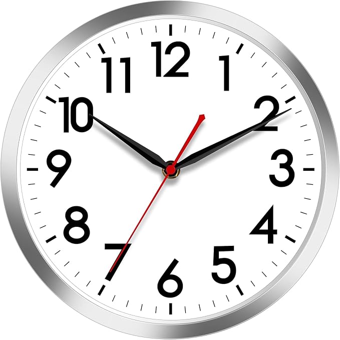 AKCISOT 14 Inch Wall Clock, Silent Battery Operated Analog Clock, Silver | Classroom | Office | Kitchen | Living Room | Garage | Shop | Large Size | Easy-to-read numbers