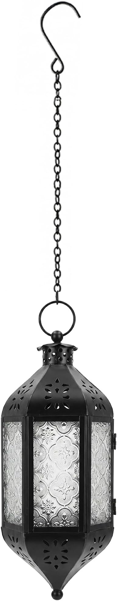 Vela Lanterns Hanging Moroccan Lantern with LED Twinkle Fairy Lights - Exotic Decorative Patio & Porch Decor, Indoor Outdoor Candle Lamp Holder with Chain (13" Large, Clear Glass)