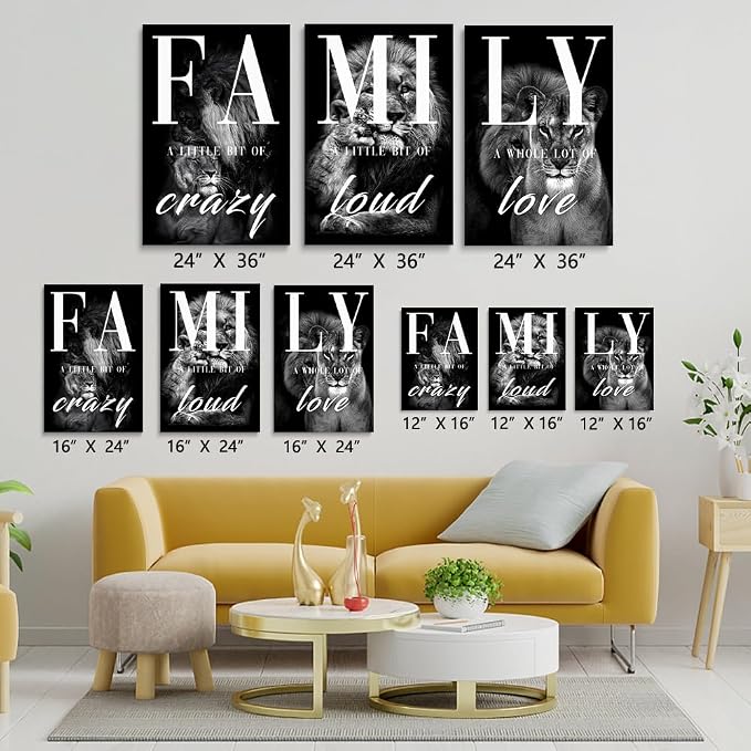GUBIYU Black Gray Animal Wall Art Set of 3 Lion Prints - Family Wall Decor for Dining Room, Living Room - 16"x24" Modern Rustic Home Wall Art