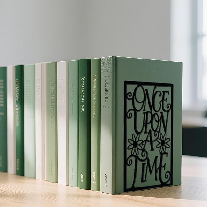 WADORN 1 Pair Once Upon A Time Metal Decorative Bookend for Shelves, Heavy Duty Book Ends Modern Non-Skid Books Holder Stand Black Book Support Stoppers for Desk Bookshelf Office, 5.3x4.3x7.9 Inches