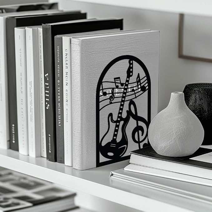Peacoblue 5.3"x4.3"x7.9" Metal Bookends, Heavy Duty Book Ends for Shelves | Guitar and Music Note Theme Cast Iron Book Supports, 1 Pair Decor Stoppers for Desk, Library, Office & Home Shelves