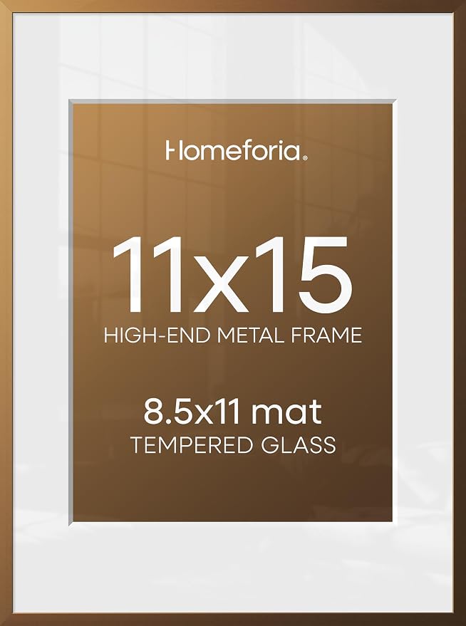 Homeforia 11x15 Bronze Picture Frame, High-End Metal, 8.5x11 Mat, Glass
