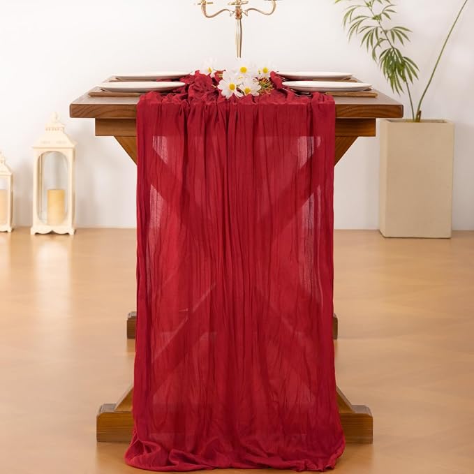 Cheesecloth Table Runner Fall Red Boho Wedding Birthday Party Home Decor | Red 10pcs Rustic Gauze 10FT Cheese Cloth Sheer Farmhouse Dining Runner for Baby Shower Bridal Holiday Decorations