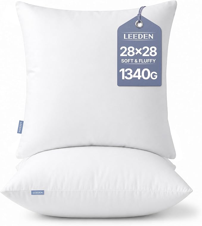 Leeden 28x28 Euro Pillow Inserts Set of 2, Fluffy Square Pillow Inserts | Soft Fluffy Decorative Square Throw Pillows for Couch, Sofa, Bed, and Home Decor White Pillows