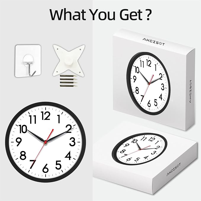 AKCISOT 12 Inch Wall Clock, Silent Battery Operated Analog Clock, Black | Office | Kitchen | Living Room | Classroom | Easy-to-read Numbers