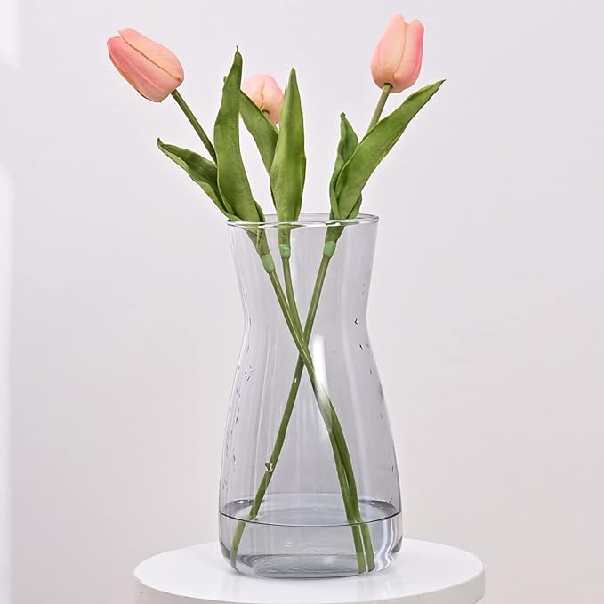 8 Inch Gray Glass Vase for Flowers, Modern Boho Table Decor | Farmhouse Vases For Rustic Vintage Living Room Kitchen Bedroom Halloween Christmas Decor House Book Shelf Office Decor
