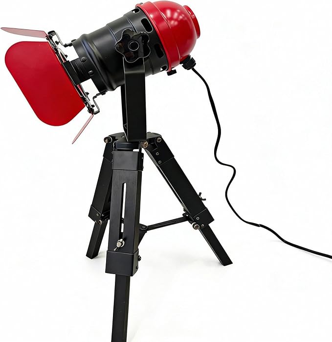 Vintage Black w/Red Retro Tripod Adjustable Table lamp,Nautical Teatre Retro Spotlight,Industrial Decor Wooden Light Fixtures,Cinema Movie Props for Living Room Bedroom Office bar Lighting