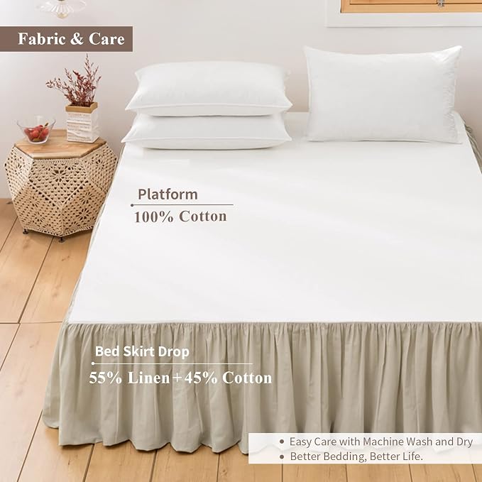 BISELINA French Linen Bed Skirt with Pleated Frills 14-Inch Tailored Drop Natural Flax Cotton Blend Dust Ruffle Soft Cozy Farmhouse Bedding (14" Full, Linen)
