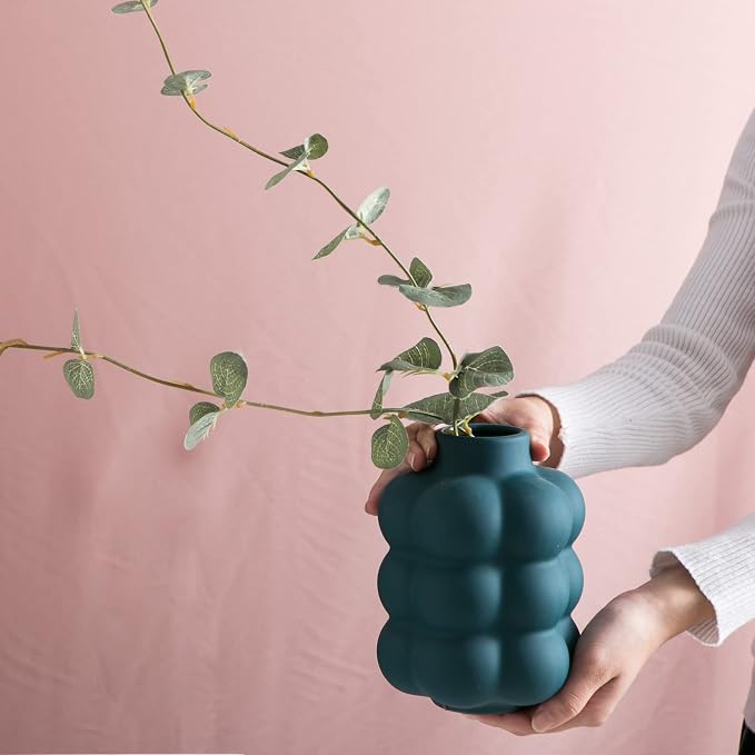 Mowtanco Blue Ceramic Vase, Modern Small Vase for Centerpiece 6.7" Tall | Boho tabletop decor accent vase for dried flowers, centerpiece for living room bedroom shelf, minimalist home decor gift