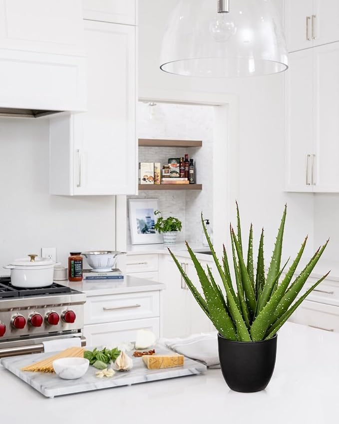 GnFlus Fake Succulent Aloe Vera Plants 13.4 Inch Large Artificial Succulents with Black Pot Faux Aloe Potted Plant for Desk Modern Home Office Bedroom Living Room Table Shelf Decor