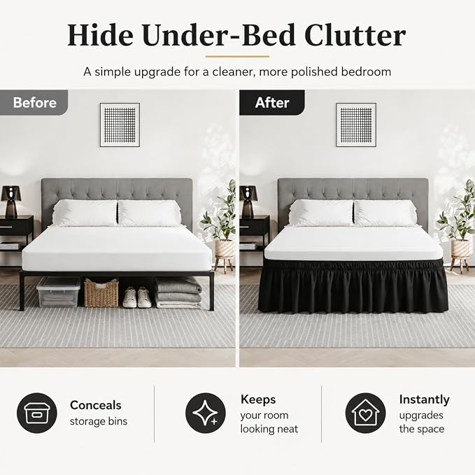 Vocander Black King Bed Skirt 14 Inch Drop, Elastic Wrap Dust Ruffle | Hides Underbed Storage, No Mattress Lifting, Elastic Stays Put, Soft Fabric, Machine Washable, Polished Look