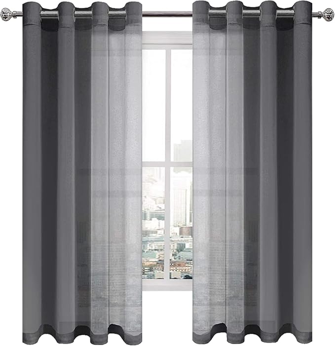 DWCN Dark Grey Sheer Curtains for Living Room Bedroom - Faux Linen Look Voile Drapes Grommet Top Window Curtain Panel 52 x 72 Inches Long, Set of 2 Panels