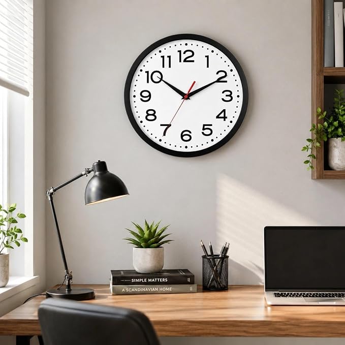 Roymnie 14 Inch Wall Clock, Battery Operated Silent Non Ticking Black | analog wall clock; bold numerals for easy reading; silent non-ticking; 1 AA battery (not included); for classroom