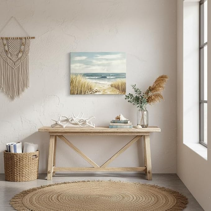 arttitue Beach Wall Art Canvas Bathroom: Ocean Coastal Picture Decor Sea Seascape Prints Modern Seaside Seashore Painting Waves Seagull Artwork for Bedroom Living Room Office Decorations, Blue