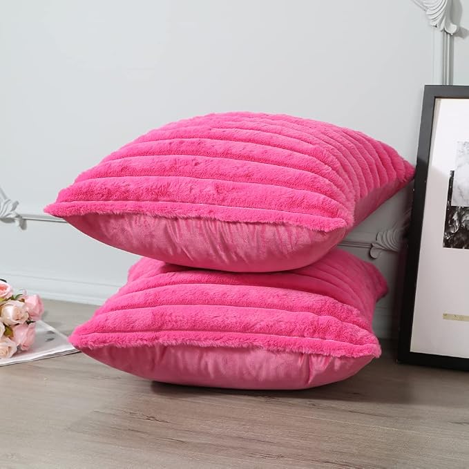 Soleebee Set of 2 Throw Pillow Covers Soft Cozy Velvet Pillowcase Faux Rabbit Fur Cover for Couch Sofa Bed Chair Home Decorative Pillows Cover (20x20 Inch, HOT Pink)