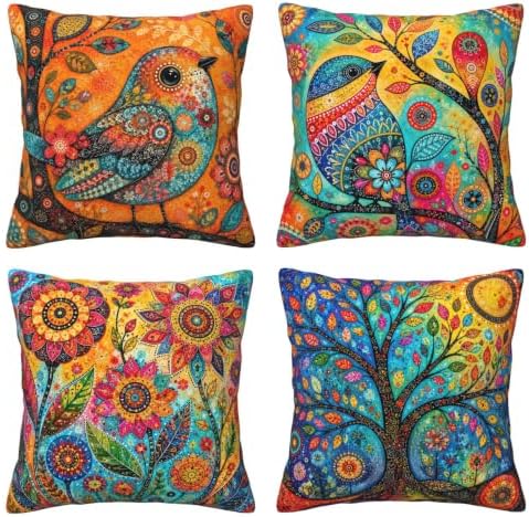 Bohemian Bird Throw Pillow Covers Set of 4 Decorative Soft Double Sided Print Pillow Case Farmhouse Home Decor for Living Room Sofa Couch 18x18