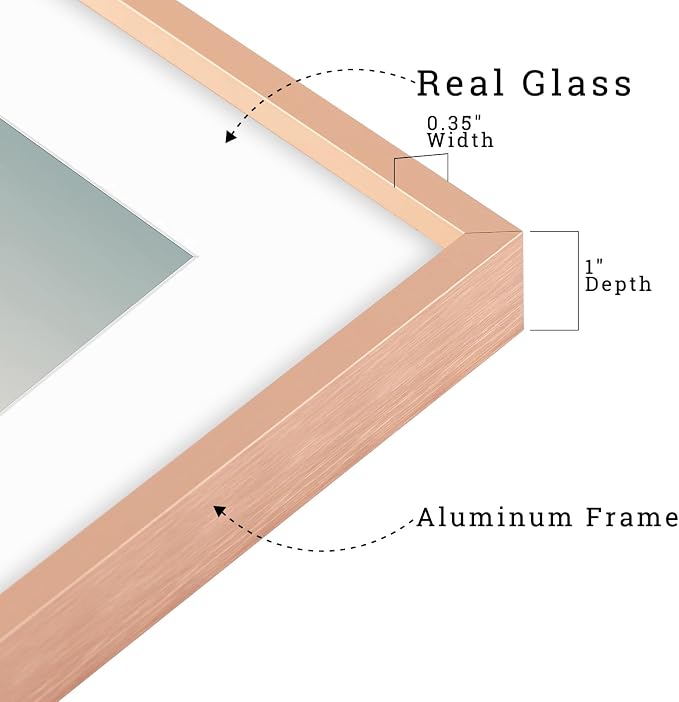 Frametory 8x10 Rose Gold Aluminum Metal Picture Frame Mat for 5x7 Glass