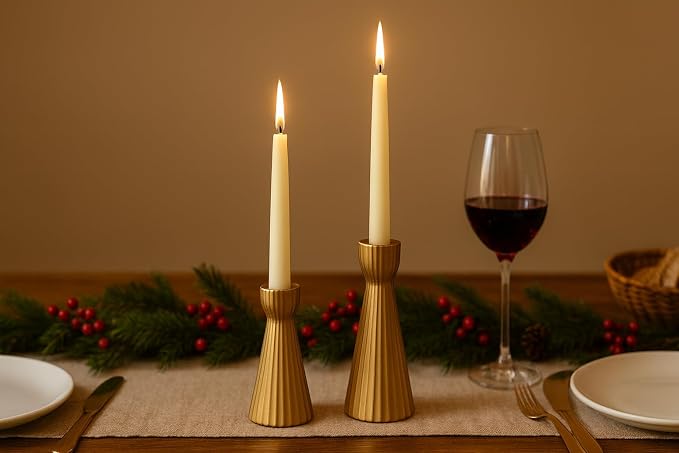 Taper Candle Holders Set of 2, Ceramic Candlestick Holder Home Decor Golden
