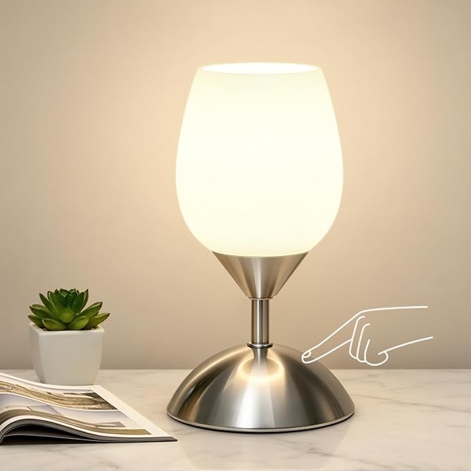 Small Touch Lamp for Bedroom Nightstand, 3-Way Dimmable Bedside Lamps Opal Glass Desk Lamp Silver Base, Tiny Table Lamp for Small Spaces Ambient Lighting for Living Room, E12 Bulb Included