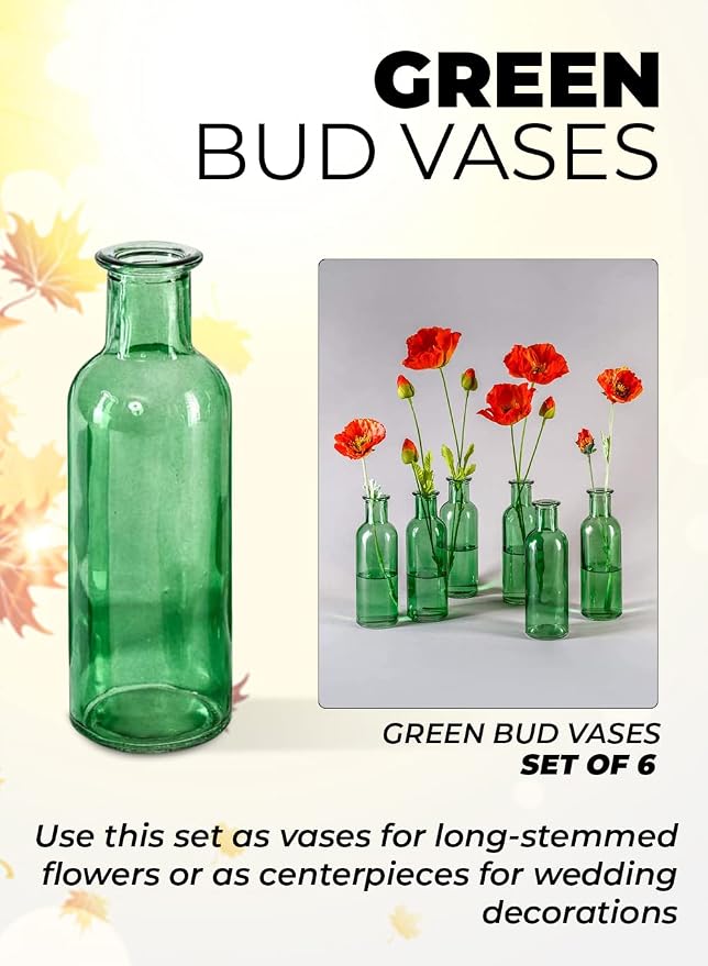 Serene Spaces Living Set of 6 Large Green Bud Vases, Apothecary Jars, Decorative Glass Bottles, Centerpiece for Wedding Reception, Antique Decoration, Flower Vases, Measures 6.5" Tall & 2" Diameter