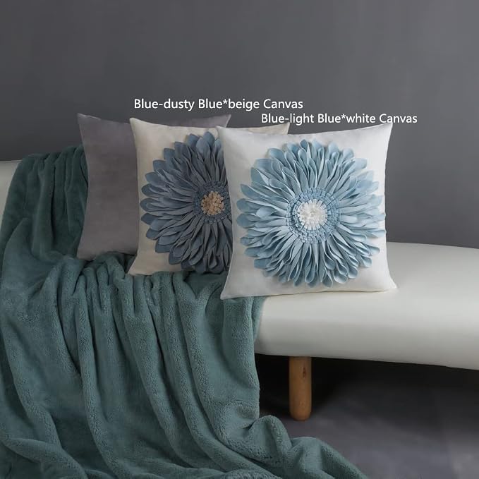 3D Flower Decorative Throw Pillow Covers 18x18 Inch Blue for Couch Floral | Handmade Elegant Aesthetic Sunflower Pattern Pillowcases Couch Living Room Boho Farmhouse Decor Dog Hair Resistant