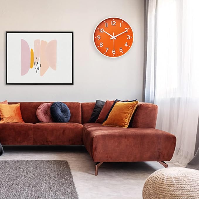 HZDHCLH 12 Inch Silent Wall Clock Battery Operated Non Ticking Orange White | Non Ticking Modern Wall Clock for Living Room Bedroom Kitchen Office Classroom Decor