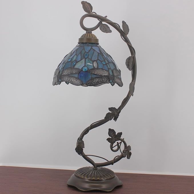 WERFACTORY Tiffany Lamp Sea Blue Stained Glass Dragonfly Style Table Light