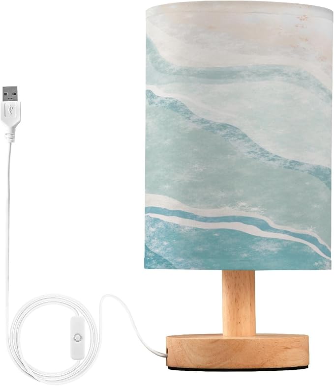 Bedside Lamp Bohemian Beach Table Lamp for Bedroom LED Nightstand Lamp Shade USB Ports Wood Base for Living Room Dorm Office