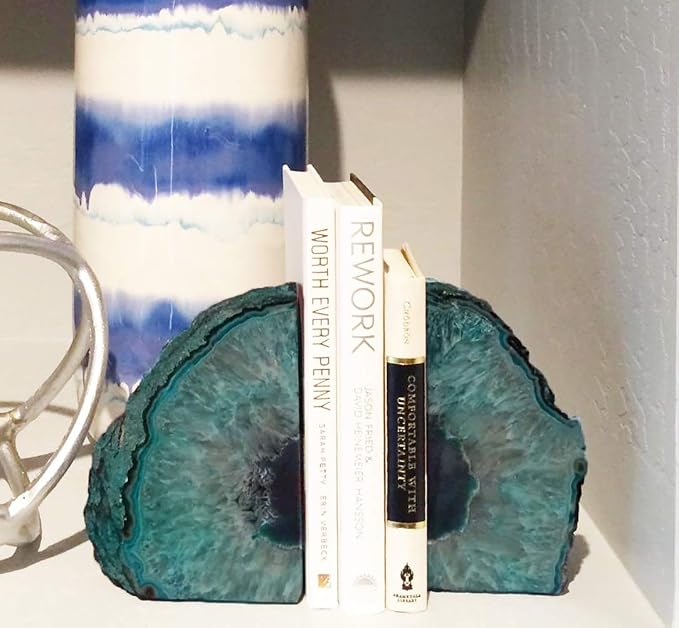 Teal Agate Bookends Heavy Duty Geode Stone Book End Holders Decorative | Polished Stone Book Stoppers Supports Home Office Decor with Rubber Bumpers Dyed Teal 1 Pair, 3-4 LBS