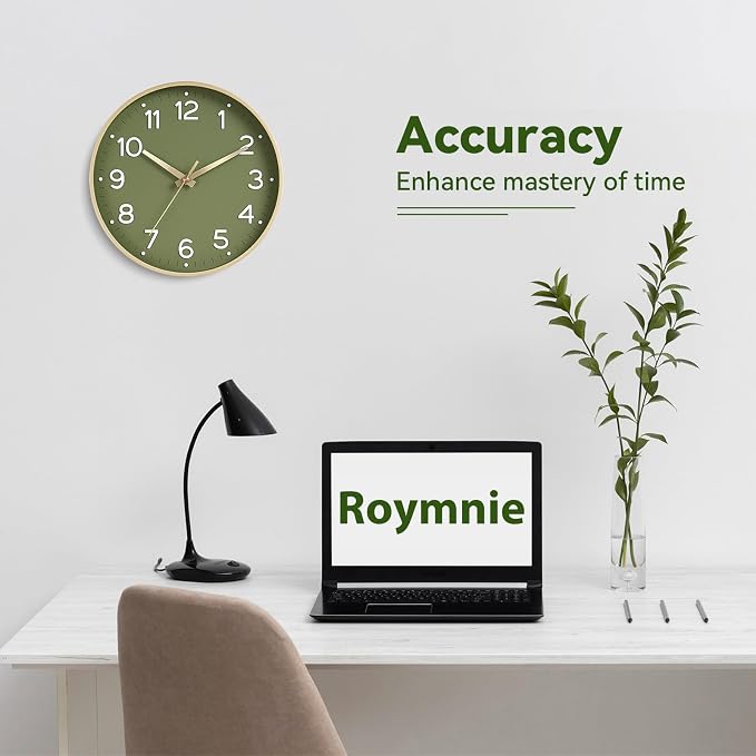 Roymnie 12 Inch Wall Clock Battery Operated Silent Non Ticking Green Analog | Green & gold modern analog; large 3D easy-read dial for kitchen, office, bathroom & bedroom; 1 AA battery (not included)