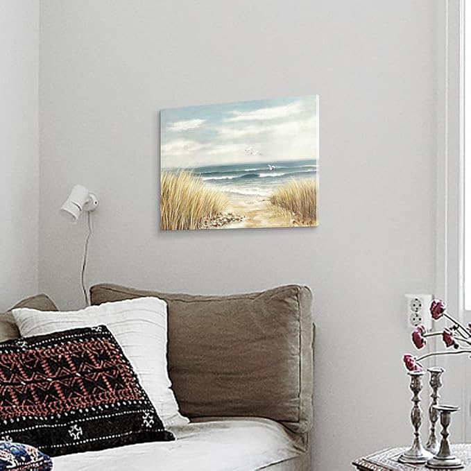 arttitue Beach Wall Art Canvas Bathroom: Ocean Coastal Picture Decor Sea Seascape Prints Modern Seaside Seashore Painting Waves Seagull Artwork for Bedroom Living Room Office Decorations, Blue